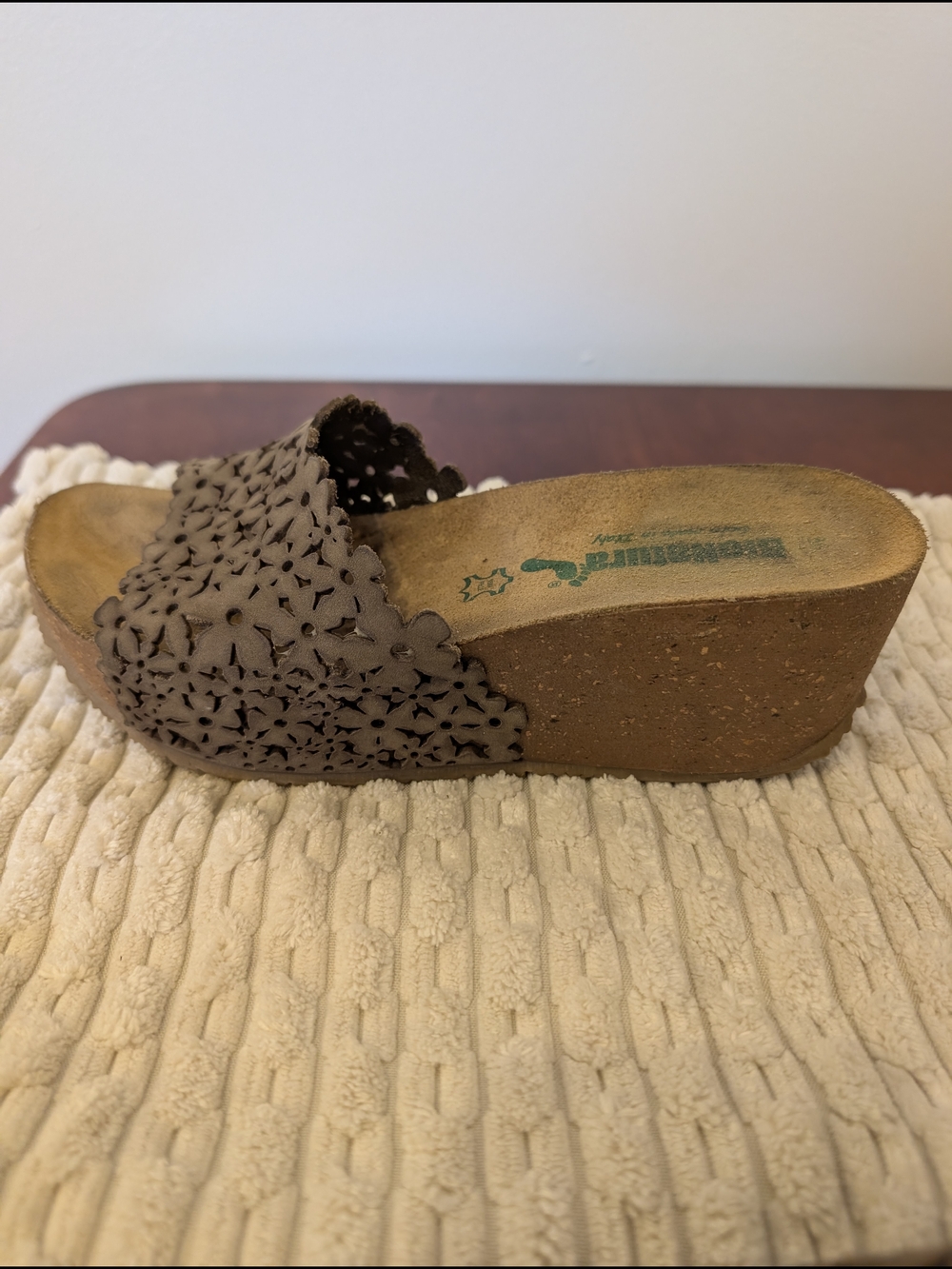 Leather Brown Laser-Cut Floral Wedge Slide